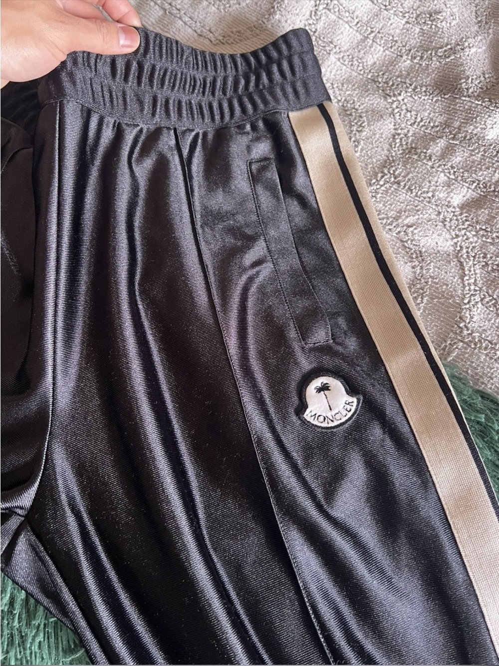 Moncler x Palm Angels Black Satin Track Pants with Contrast Side Stripe